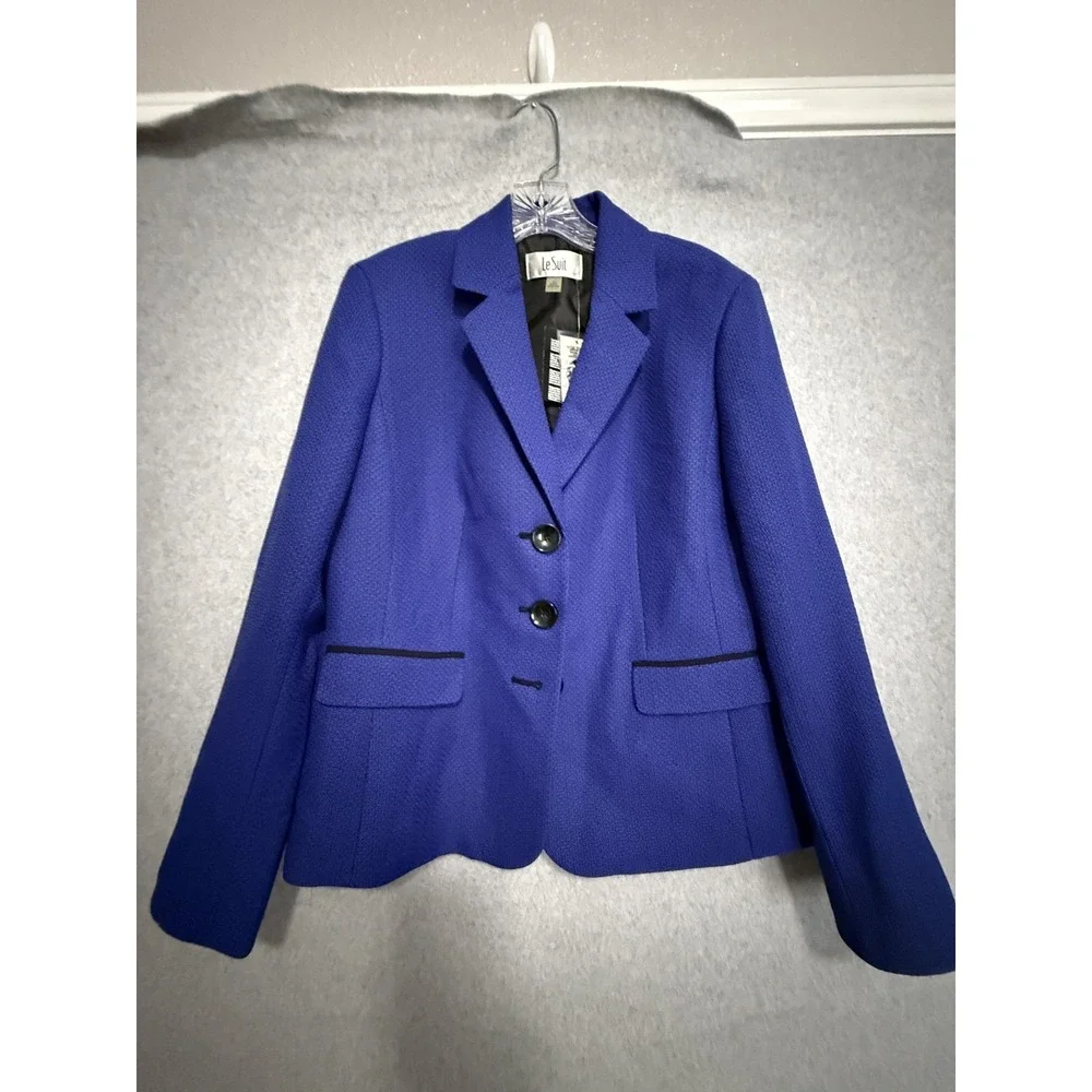 Le Suit Blazer Jacket Womens 12 Blue‎ Quebec Textured 3 Button Lined Career Work